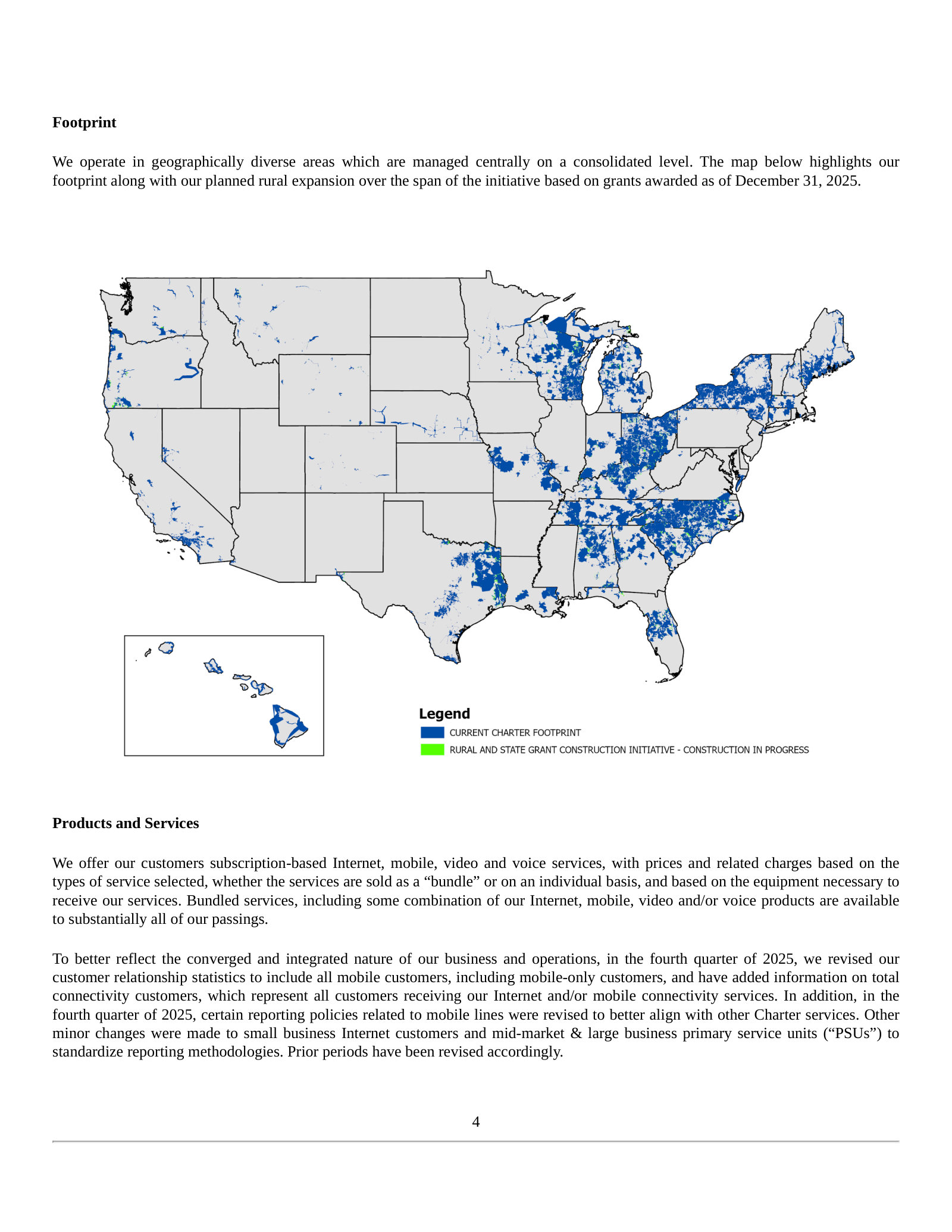 Where Charter actually operates — service areas across 41 states plus the rural grant build, drawn as a map rather than described.